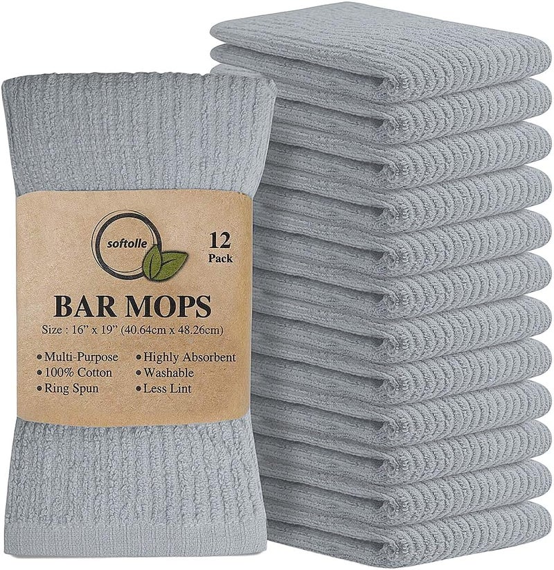 Softolle Bar Mop Towels, Pack of 12-16x19 Inches - 100% Cotton Super Absorbent Towels, Multi-Purpose for Home and Bar Cleaning (Silver Grey) - Image 1